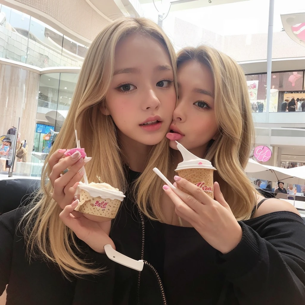 Two girls eating ice cream with chocolate and vanilla cookies at sleepover