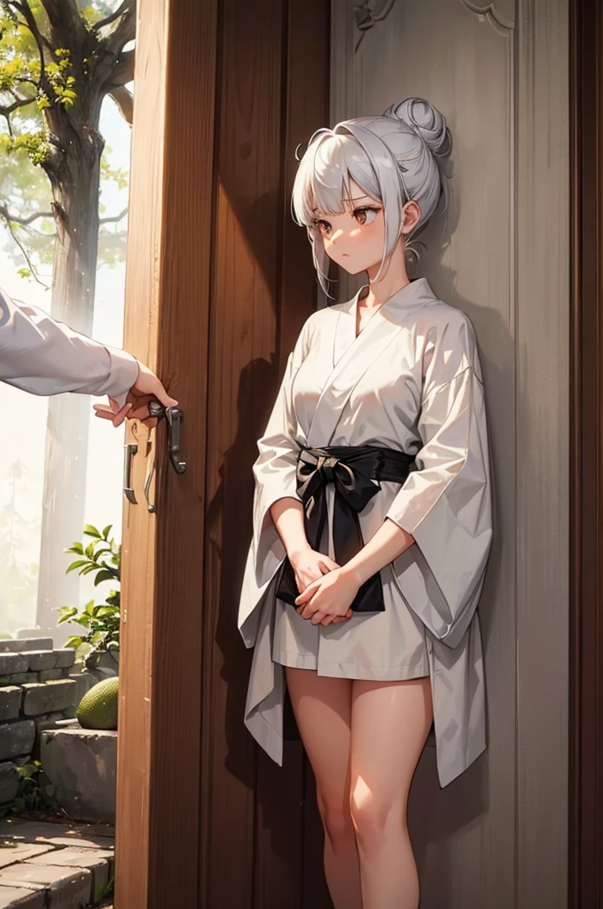 An image of Hana, with silver hair tied in a bun and wearing a simple but elegant robe, standing and proposing to cut down the tree and equally divide its wood and fruit, with the neighbors reacting. (masterpiece, hd, best quality, 2d)