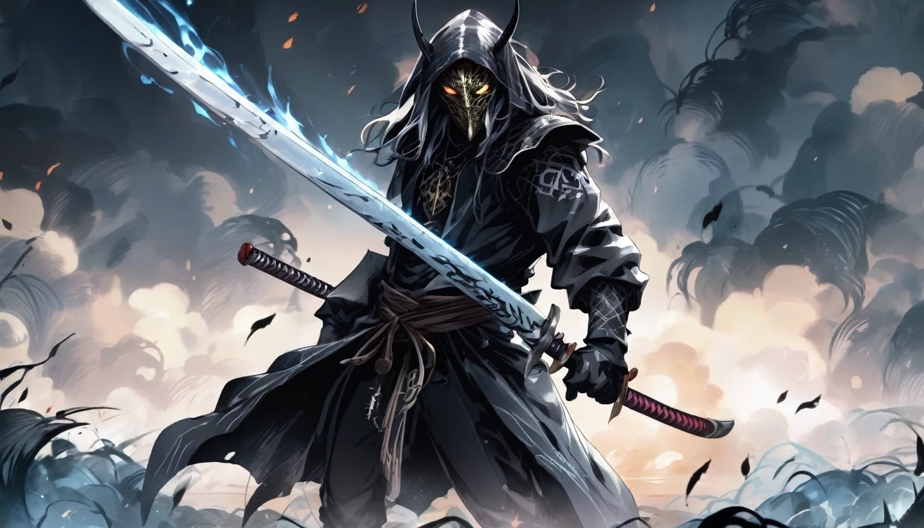 demon mask, sword on the hand,close up, black heavy detailed clothes, hand katana, art, dark and malevolent, hand sword, armor, powerful and intimidating, (masterpiece, best quality, ultra-detailed, best shadow), (detailed background, dark fantasy) dramatic light, intricate details, dark and malevolent, powerful and intimidating, Dark and foreboding, malevolent force, sinister and chilling, armor, high detailed background, girl in demon slayer art, demon slayer art style, epic anime art, God death