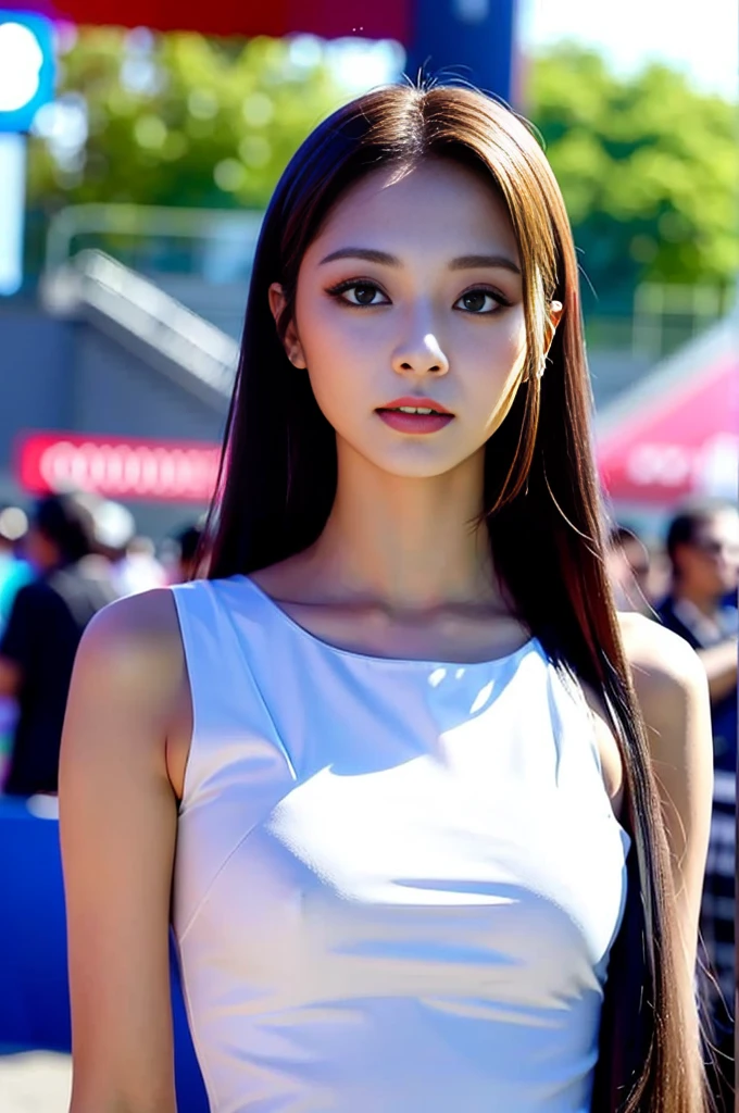 Tzuyu 1, woman, (Realistic), (Hyperrealism), (photoRealistic), Written boundary depth, eye make up:0.7 (whole body:1.2), (Large Bust),(Tight waist), Observe the audience,In the pits of a race track, Race Queen, A sexy dress with open shoulders and neckline