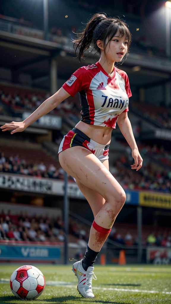 Highest quality, High resolution:1.2, Very detailed, Realistic:1.3, ((Beautiful woman))、((Super tight uniform))、((Super big breasts))、(The abdomen is visible)、Vibrant colors, play soccer,((Blunt bangs))、Various Hair Styles、Different hair colors、With bangs、Wet Hair, concentrate, splash, Action Shots, Grass blotches, Muddy ground, Wet turf, decide, Fast-paced games, Athletic physique, Shiny soccer ball, Wet Uniform, raindrop, Blurred motion, ボールにconcentrateする, Intense competition, Skillful dribbling, Energetic play, Teamwork, powerful shoots, Wet pitch, Passionate sports, Fierce decide, Humid atmosphere, Fluid movement, emotional expression、Dramatic lighting, Women's Sports, Avid athletes, Exciting Games, Endure, Excited state, Speed and agility, Energetic play, 濡れたsplash、smile、Red Uniform