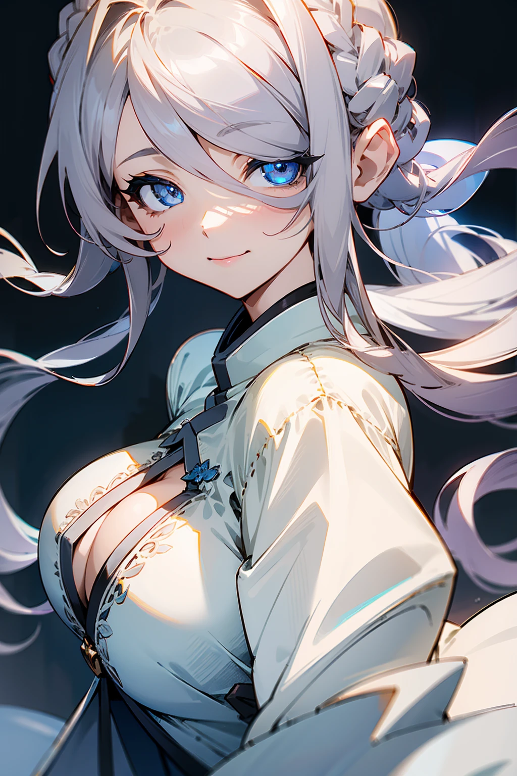 (((1 woman))), ((detailed blue eyes)), ((long silver hair)), large breasts, perfectly drawn body, seductive smile, white pajamas, best quality, masterpiece, ultra-detailed