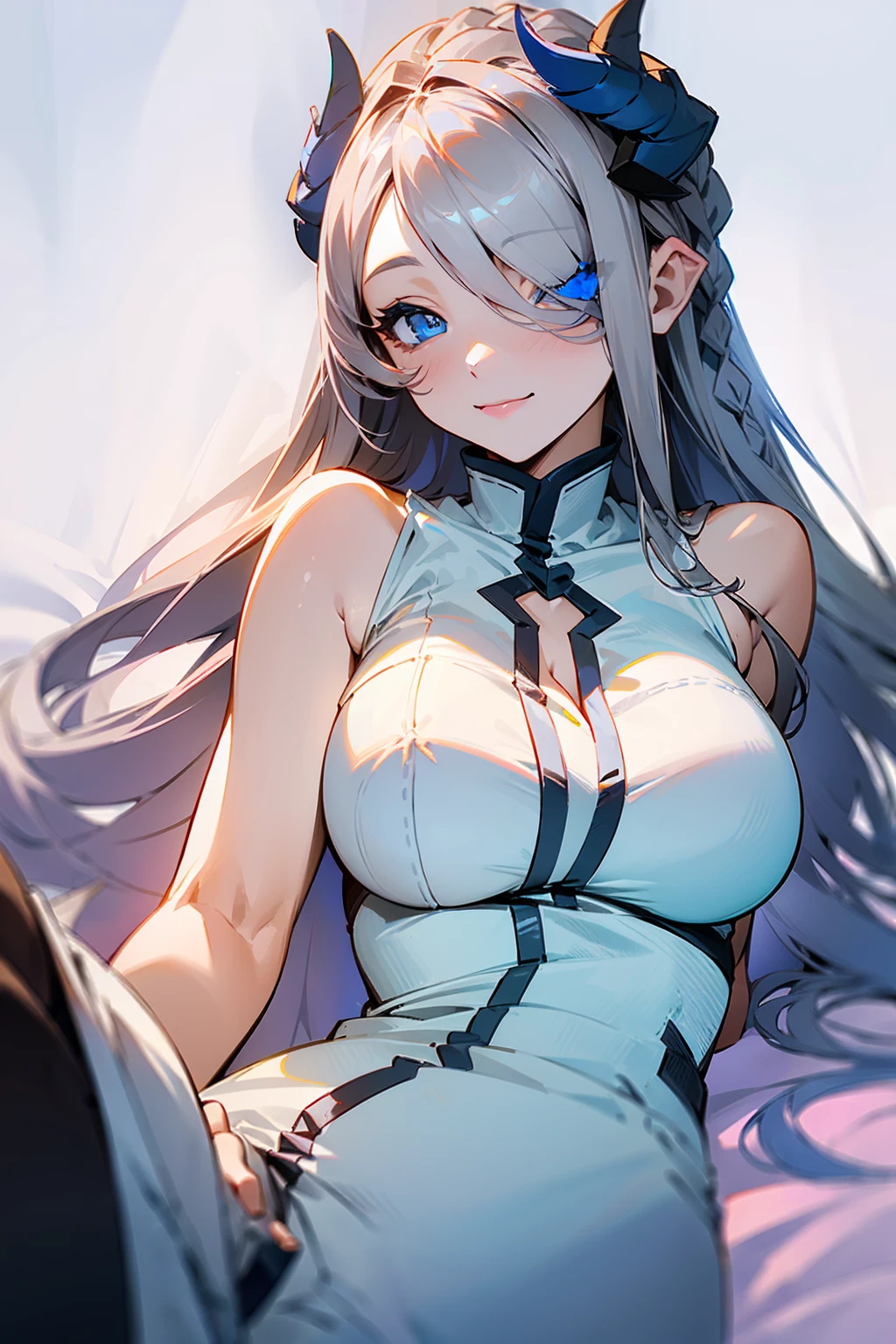 (((1 woman))), ((detailed blue eyes)), ((long silver hair)), large breasts, perfectly drawn body, seductive smile, white pajamas, best quality, masterpiece, ultra-detailed