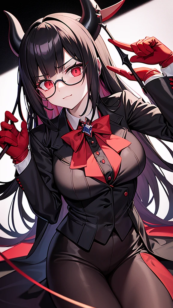 Justice Helltaker: An adult female demon, blind, with black glasses, red gloves, small horns, red bow in her hair, red blouse, black tie, black coat, large breasts, and very sexy