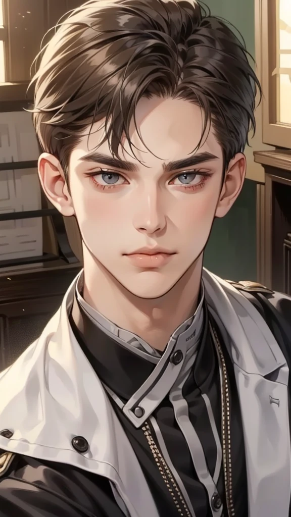 masterpiece, best quality, Practical, 1 person, Mature male, A quiet and charming young man, 25 years old, Serious look, Shut up, portrait, Extremely detailed face, sneer, ((Dark grey eyes)), ((Short dark brown hair)), [Thick eyebrows], ((Set)), Handsome, whole body, The west, Jewish, Light brown skin,whole body照