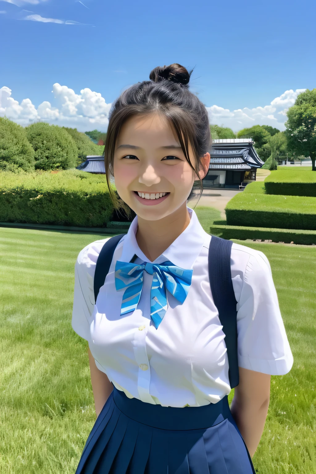 ((masterpiece)), japanese, (a girl), (), smiling, on grass, hair bun, collared shirt, skirt, bow tie, tits, thighs, blue sky,