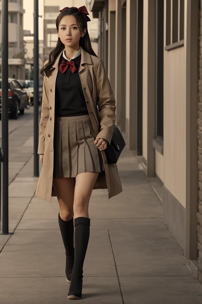 Haikyuu screencap of a female whit clear skin, brown eyes, waist length hair, Light brown hair. The night landscape. She is wearing a dark gray skirt, a white long sleeve shirt, top a beige coat, black knee-high stockings and a black half jacket with a red bow on the shirt. Studios seasons 1 screencap.