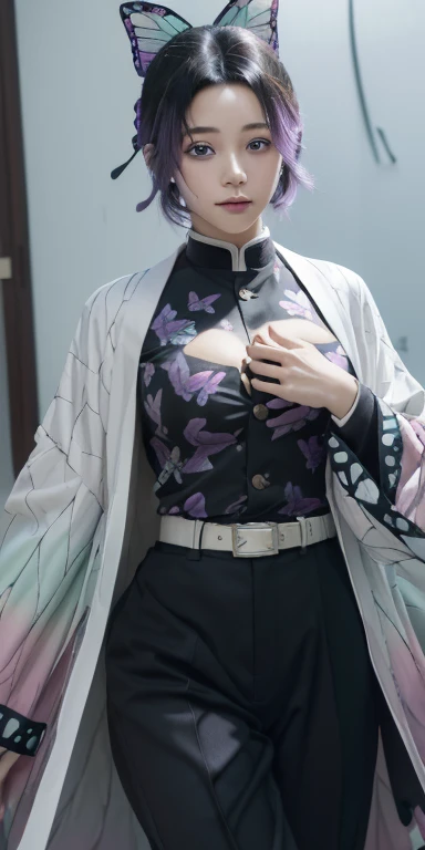 (masterpiece:1.2), best quality, high resolution, unity 8k wallpaper, (illustration:0.8), (beautiful detailed eyes:1.6), extremely detailed face, perfect lighting, extremely detailed CG, (perfect hands, perfect anatomy), shinobukochou, shinobu kochou, animal print, black hair, butterfly, butterfly hair ornament, butterfly print, forehead, gradient hair, hair ornament, haori, multicolored hair, parted bangs, purple hair, short hair, two-tone hair, belt, black pants, butterfly print, coat, demon slayer uniform, haori, japanese clothes, pants, uniform, looking at viewer, cleavage,