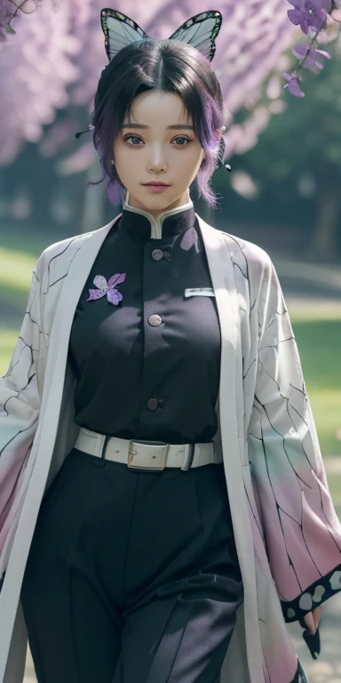 (masterpiece:1.2), best quality, high resolution, unity 8k wallpaper, (illustration:0.8), (beautiful detailed eyes:1.6), extremely detailed face, perfect lighting, extremely detailed CG, (perfect hands, perfect anatomy), shinobukochou, shinobu kochou, animal print, black hair, butterfly, butterfly hair ornament, butterfly print, forehead, gradient hair, hair ornament, haori, multicolored hair, parted bangs, purple hair, short hair, two-tone hair, belt, black pants, butterfly print, coat, demon slayer uniform, haori, japanese clothes, pants, uniform, looking at viewer, cleavage,