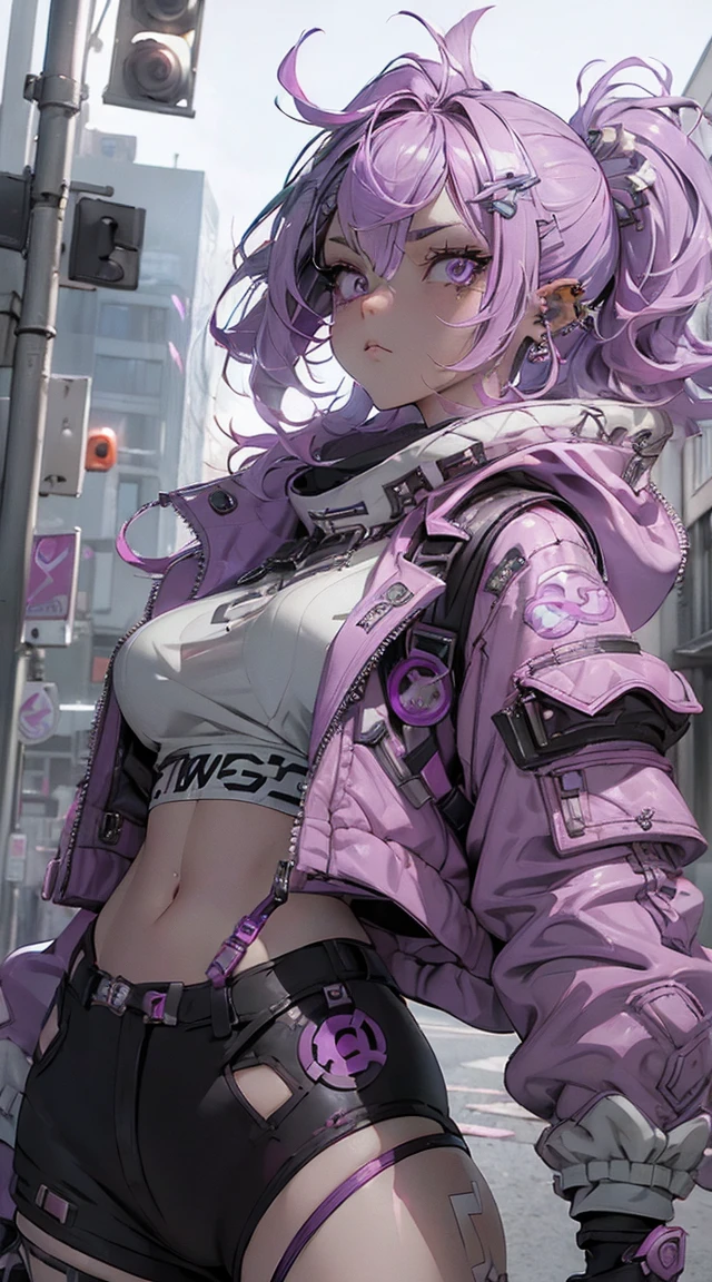 (of the highest quality、8k、32k、Masterpiece、NFFSW:1.3)、(Photoreal:1.4),(low angle,looking down 1.5)18 year old punk girl,eccentric punk hair,((Fluorescent purple and white punk fashion1.5)),studded clothing、（pink hair one.5）,crazy makeup、night city background,Glare from streetlights、Lens flare、Depth of written limits.,blurred background,,,,,,,,,,,,