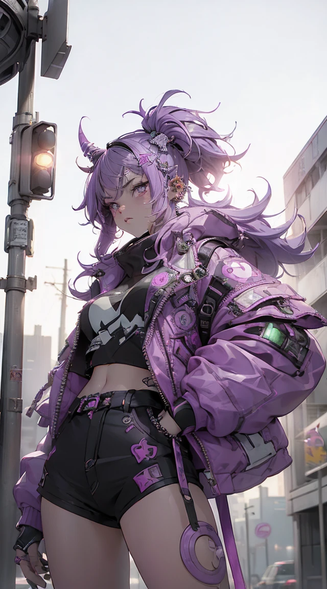 (of the highest quality、8k、32k、Masterpiece、NFFSW:1.3)、(Photoreal:1.4),(low angle,looking down 1.5)18 year old punk girl,eccentric punk hair,((Fluorescent purple and white punk fashion1.5)),studded clothing、(pink hair one.5),crazy makeup、night city background,Glare from streetlights、Lens flare、Depth of written limits.,blurred background,,,,,,,,,,,,