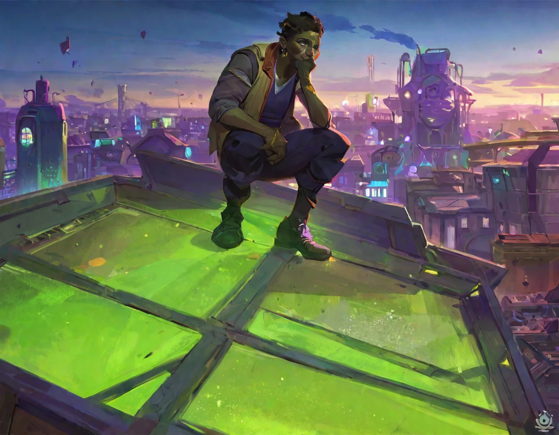 score_9, score_8_up, score_7_up, score_6_up, artstation best aesthetic, Arcane, a person squatting on a crate on top of a roof, long shot, concept art, city in background, great use of color theory, blue and green colors, particles flying,