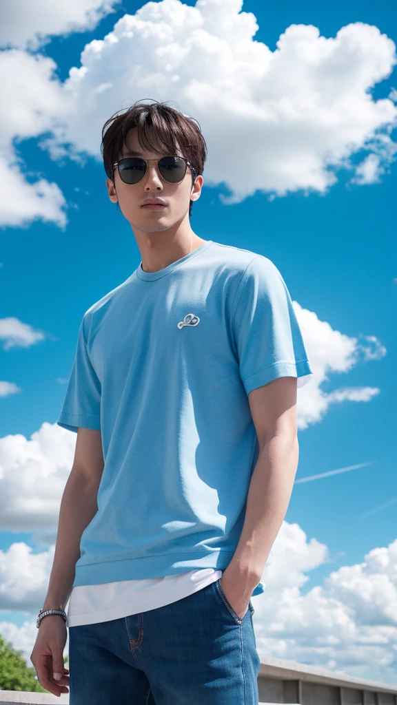 Blue sky with white clouds　Casual cool man&#39;s upper body