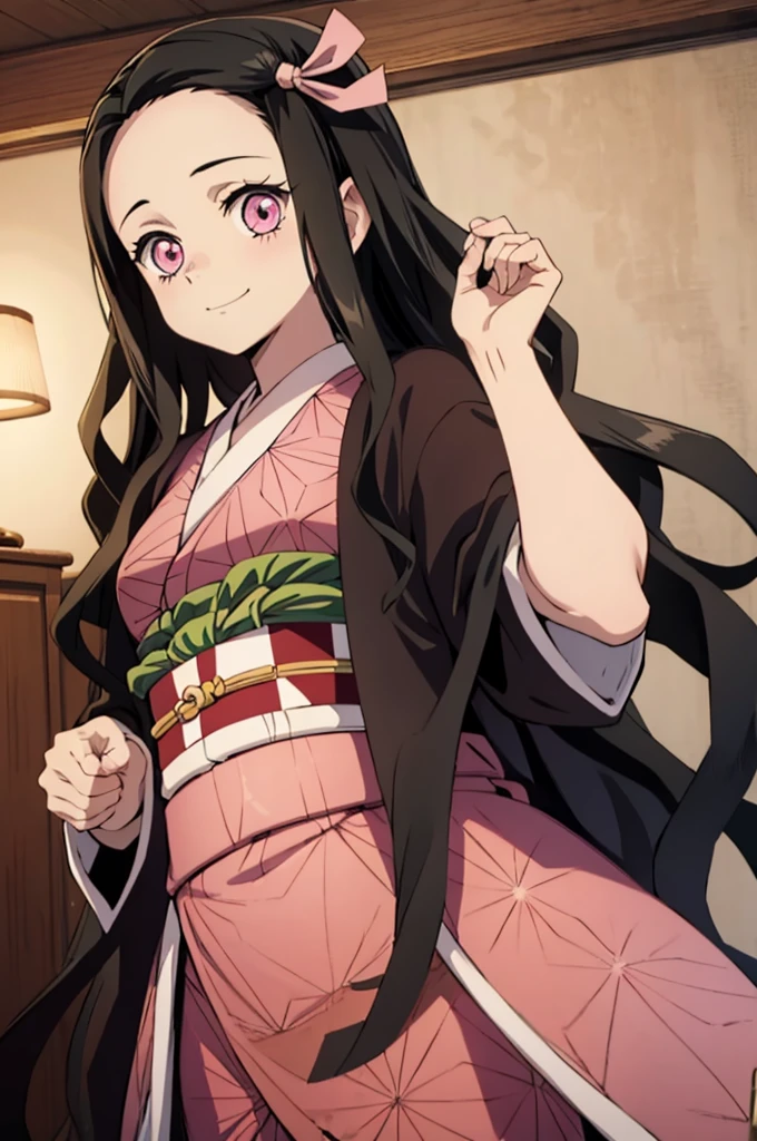 (masterpiece:1.3), (best quality:1.1), (8k, ultra detailed, ultra high res:1.2), ((anime style)), perfect 5 fingers, perfect anatomy, 
1girl,
Kamado Nezuko, 
BREAK long hair, wavy hair,  
black hair, 
pink eyes, empty eyes, 
ribbon, 
small breasts,   
BREAK japanese clothes, pink kimono, brown haori, obi, 
smile, 
looking at viewer, 
BREAK upper body, nibble, eating cream puff, 
perfect light, indoor, inside, Japanese-style Room, 