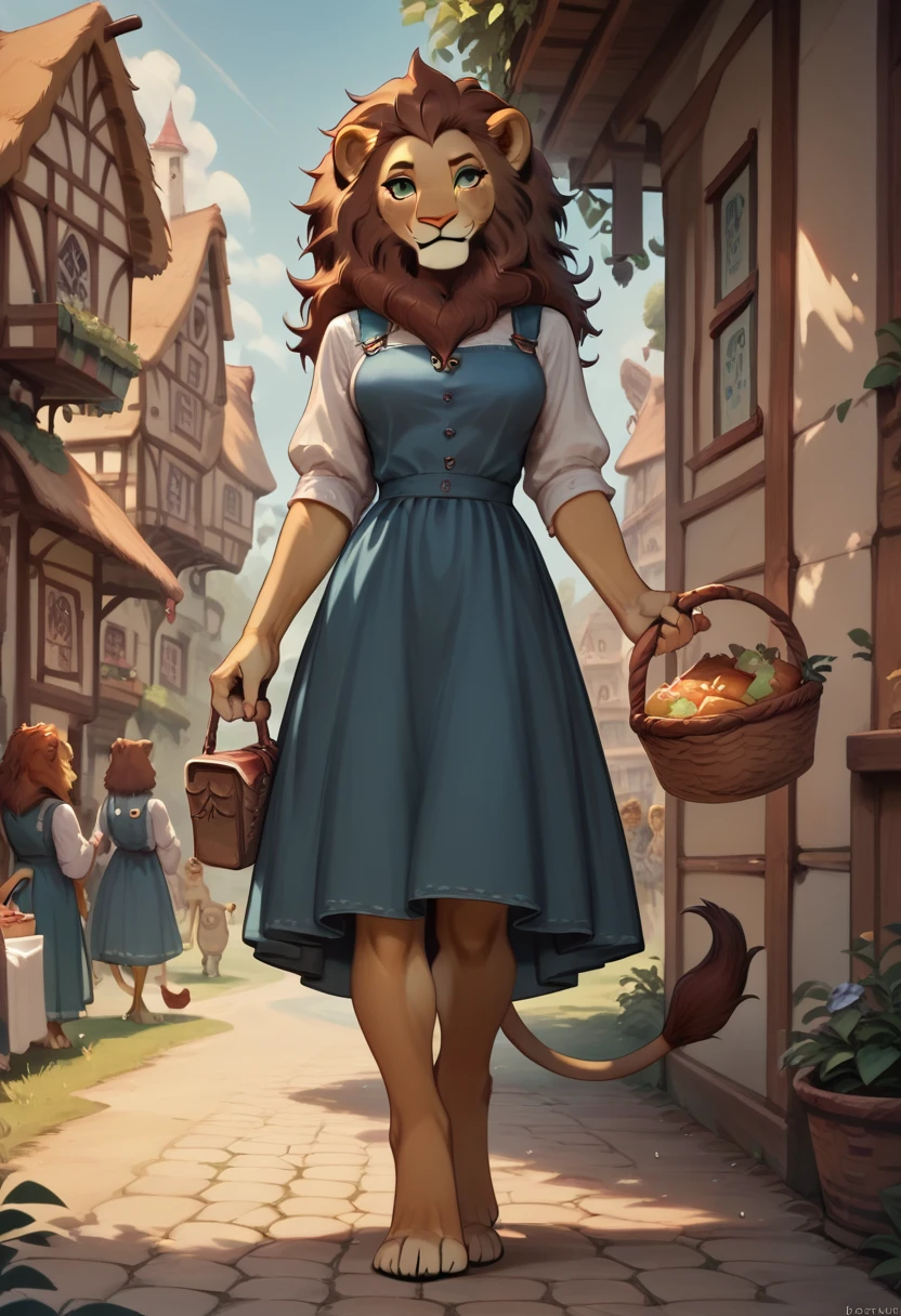 score_9, score_8_up, score_7_up, score_6_up, score_5_up, score_4_up, source_furry, 1girl, anthro lioness, , lion ears, lion tail, long hair, green eyes, two-toned fur, orange fur, dark brown hair, long brown hair, thick hair, wavy hair, low ponytail, large hair bow, lion tail, anthro female, digitigrade legs, two-toned fur, Grecian sandals, village, outdoors, rustic, female, medium breasts, blue pinafore dress, long blue skirt:3, ankle-length skirt:3, white shirt, white sleeves, holding picnic basket, public square, smiling, waving, book under arm, detailed background, science fiction style, realistic Detailed face, detailed eyes, detailed, high quality