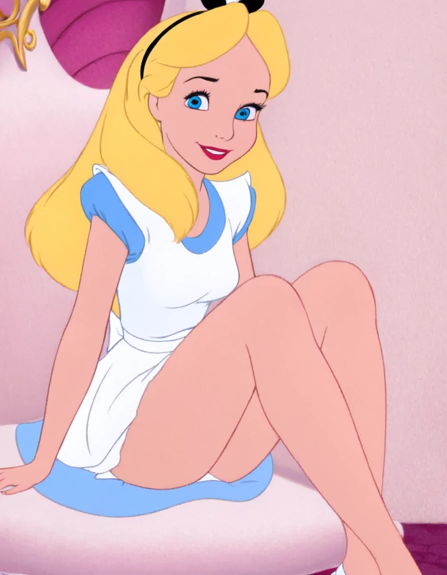1girl, solo, long hair, blue eyes, blonde hair, alice, disney, white bra, full view, white panties, sitting down, bare legs, smiling,
