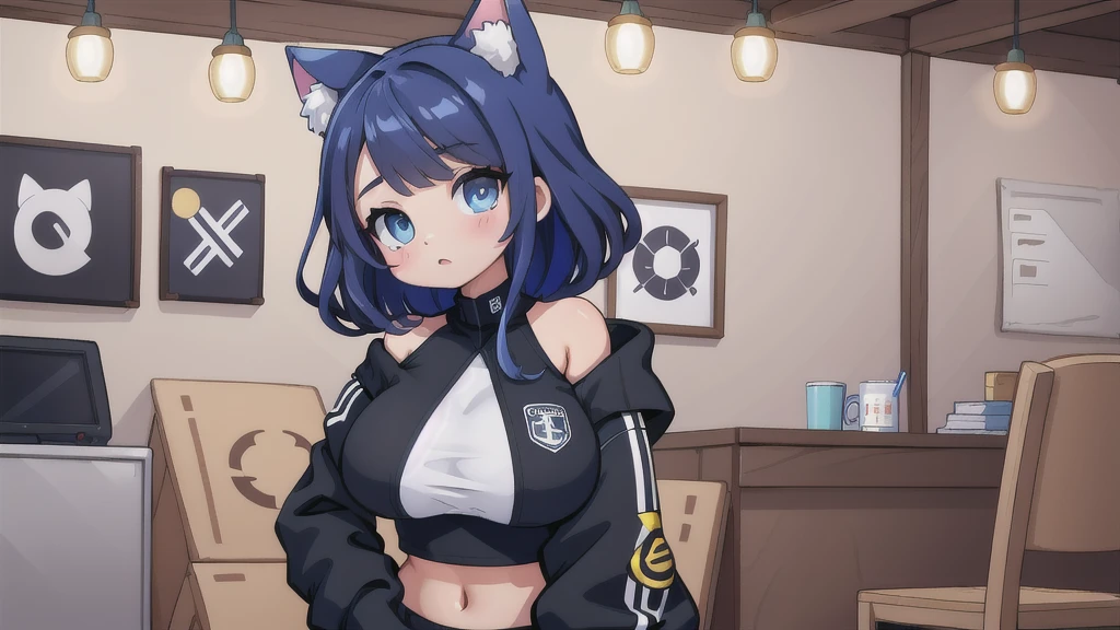 masterpiece:1.2, high quality, 最high quality, be familiar with_background,indoors,High resolution,there is nothing (solution 1988),black Jacket,Upper body,open clothes,disorganized,blue eyes,open Jacket,gradient background,looking at the viewer,play sports often,1 girl,short hair,bare shoulders,alone,animal ears,blue hair,Jacket,crop top,off shoulder,head tilt,Cat ear,big breast
