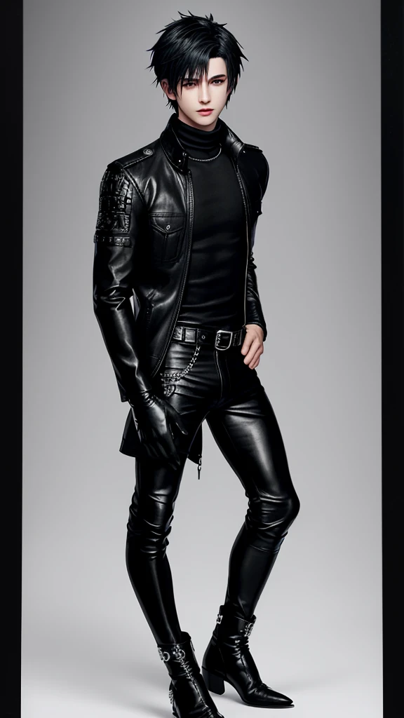 Final fantasy taste and reality graphics, Japanese young cute and cool ikemen boy, his age is early 20s, thin eyebrows and beady eyes, he wearing off black color leather thick singlebrest biker jacket, with epaulet, must close the front of the leather jacket, jacket is biker style, jacket is voluminous, , jacket collar is high length stand-up collar with belts, jacket is a little black line pattern,close the front of the jacket, also wearing black thick turtleneck lackluster shirts, tight black leather pants, shiny black leather tight and thin glove, black leather knee-high raceup boots,must views head-to-toe,must views whole body, boy looks like fashion model,Do not show skin from the neck down,leather jacket leather glove and leather pants have few wrinkles,boy in the room,