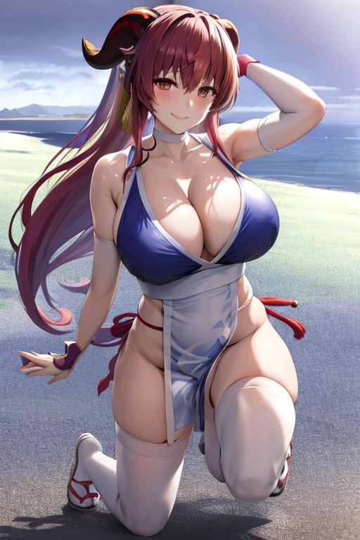 masterpiece, best quality, beautiful art, high resolution, well formed hands, body and fingers, 1 woman, solo, Ganyu , goat horns, hair ornament, adult, grown up, big breasted, cleavage, full body, braided long hair, blue_japanese_clothes, wearing DOA Kasumi's blue kunoichi dress, sexy and skimpy japanese clothes, kimono peek, sleeveless, white stockings, gorgeous legs and thighs, doing exercise, warming up, working out, sexy and captivating training, smiling joyfully and happily , looking at the viewer, panties peek, sweating , bouncing breasts, t back thong, training montage session, beach environment
