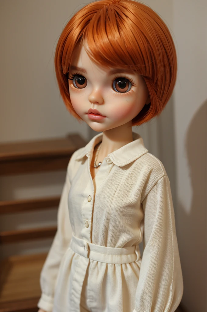 Blythe doll with ligh orange short hair, tiny eyesbrown, big lips 