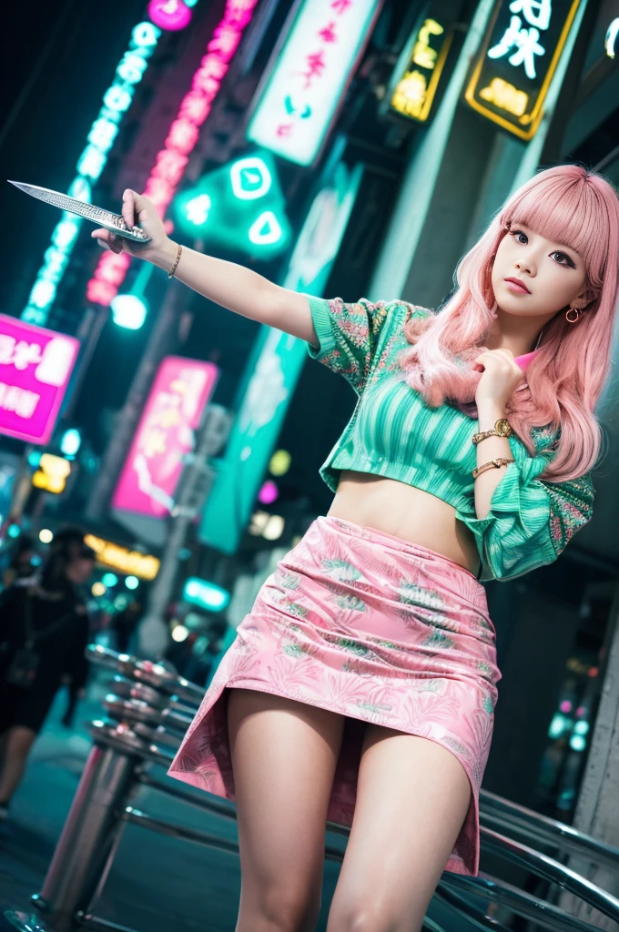 (upskirt :1.3),(Pink Hair :1.3),masterpiece, Highest quality, Wear unique Harajuku style clothing,The mint green colour stands out,Bold colors and patterns, Eye-catching accessories, Trendy and innovative hairstyles, Bright makeup, Stunning cyberpunk cityscapes, Skyscraper, Neon Signs, LED Light, Bright and vivid color scheme, anime, shape, Fine skin, High quality fabric, Intricate details, Very detailed,Low - Angle, whole body, vision(avert your eyes:1.4),Dynamic pose、Hand holding a sword、With a sword in hand.