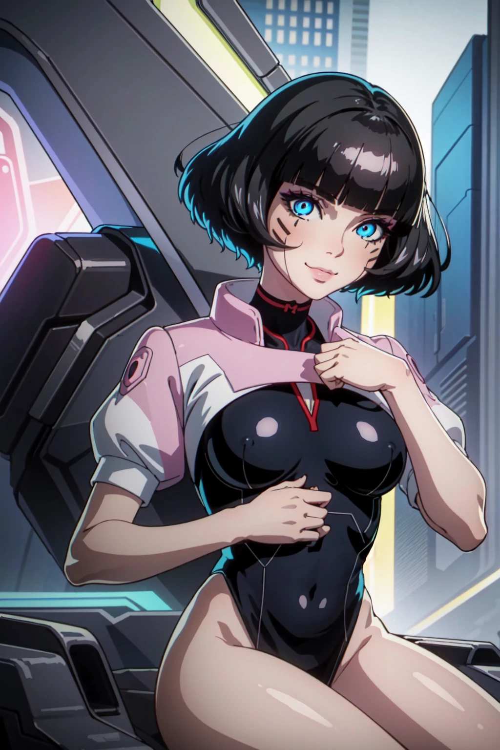 ((masterpiece, best quality))
EdgerunnersSasha, 1girl, black hair, short hair, blue eyes, cyberpunk, smile,   fantasy, intricate, elegant, highly detailed, digital painting, artstation, concept art, smooth, 8k, sharp focus, illustration, art by artgerm and greg rutkowski and alphonse mucha, dinamic poses, upper body, sitting