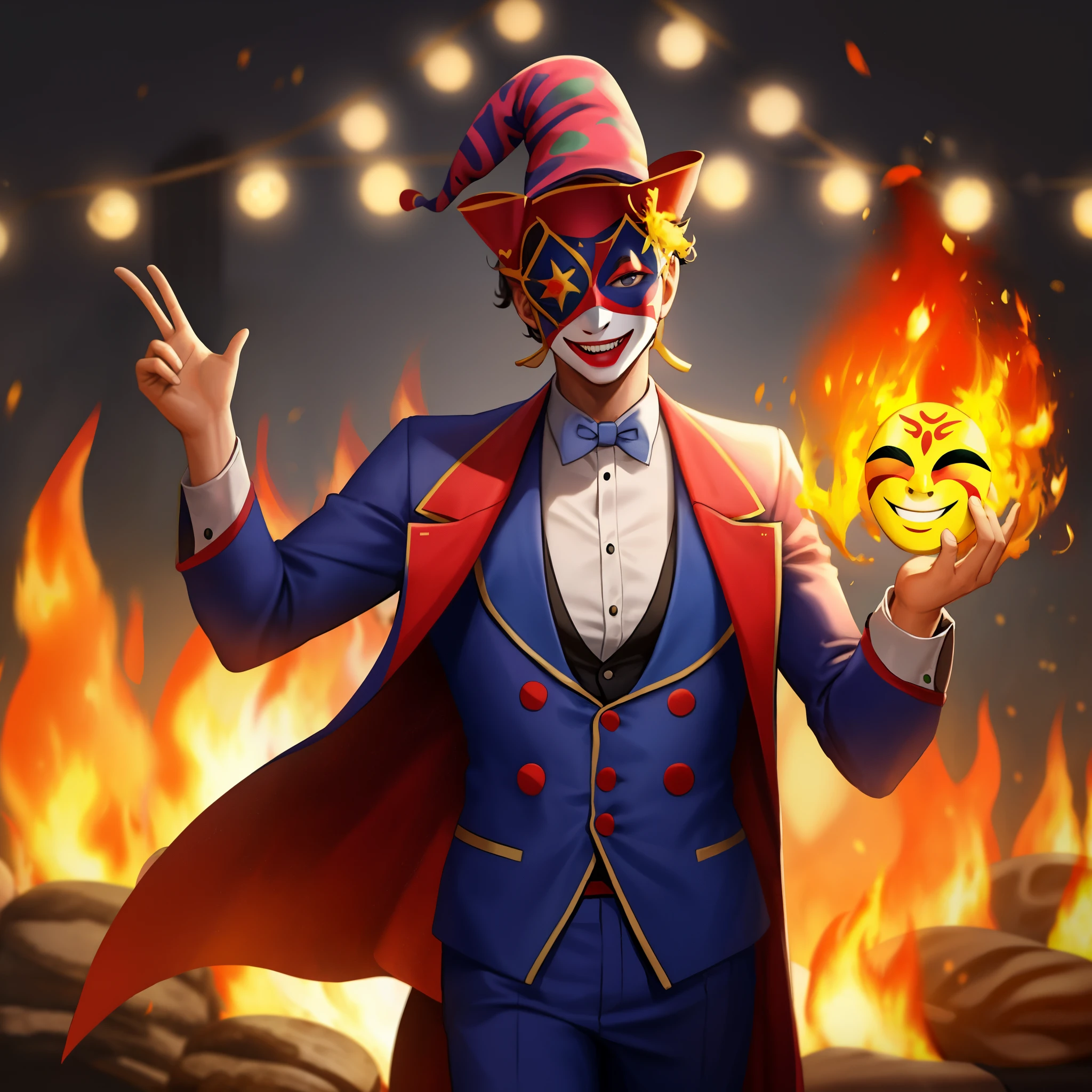 man +dressing as a jester + wearing an opera mask + wearing a circus host hat + smiling smiling at the viewer + fire around