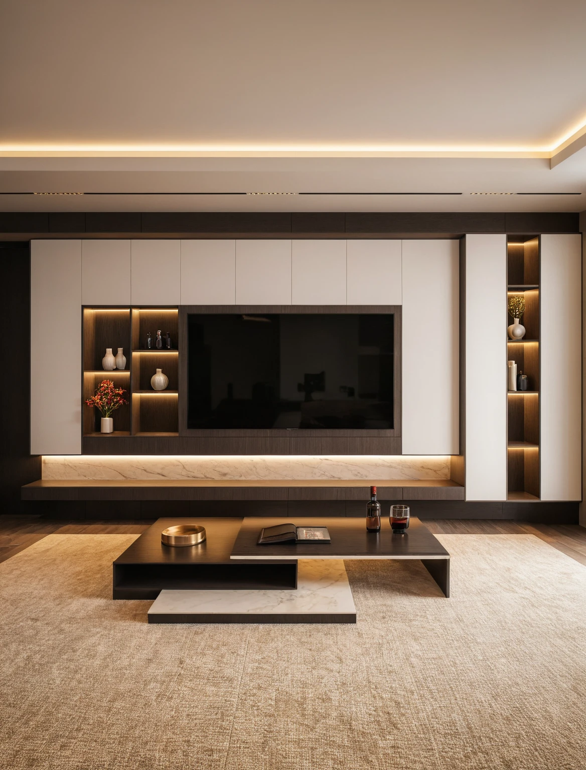 Raw photo,Masterpiece, high quality, best quality, authentic, super detail, interior , sunset, daylight, Modern luxury style living room, TV cabinet, TV, decorative cabinet, books, flower vases, bottles, tea table, tray, wine bottle, open book, carpet, wooden floor, curve, marble cliffs,