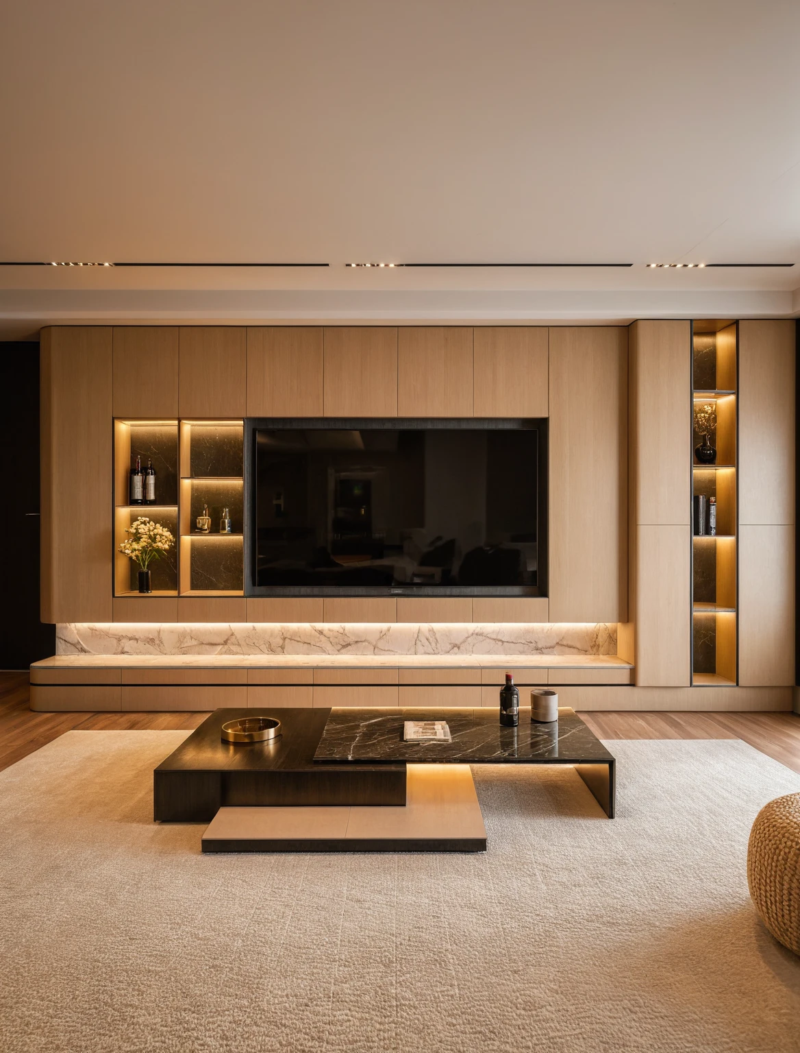 Raw photo,Masterpiece, high quality, best quality, authentic, super detail, interior , sunset, daylight, Modern luxury style living room, TV cabinet, TV, decorative cabinet, books, flower vases, bottles, tea table, tray, wine bottle, open book, carpet, wooden floor, curve, marble cliffs,