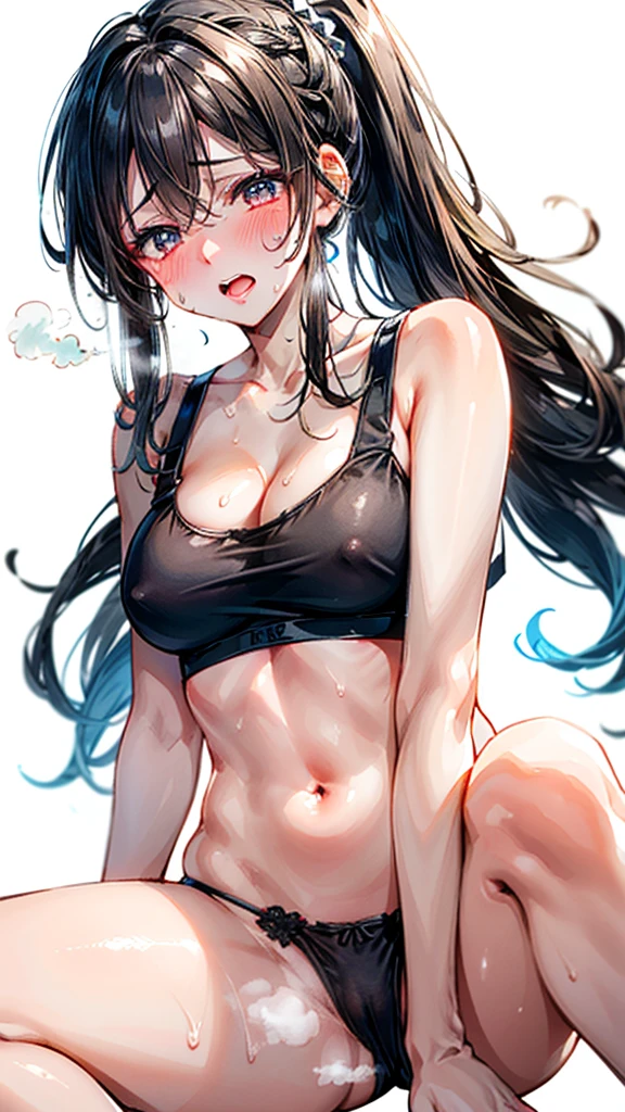 (Best quality, 8k, 32k, Masterpiece, UHD,:1.2),RAW, 1girl,ultra cute , natural lighting,transparent shining eyes, 20yo ,fair complexion, dark brown hair, french braid, flushed face,femur, medium hair, sports bra, sports panties, Sweat, ponytail, lying on bed, medium breast,(ecstasy:1.3) ,(slut:1.2), (vulgarity:1.3), (fucked silly:1.1),(steam:1.1),(wet:0.8),(trembling:0.8),(tears:0.7) ,(drooling:0.6),(sweat:0.8), embarrassed, blush,, ((White Background)), From Below and Behind, all fours