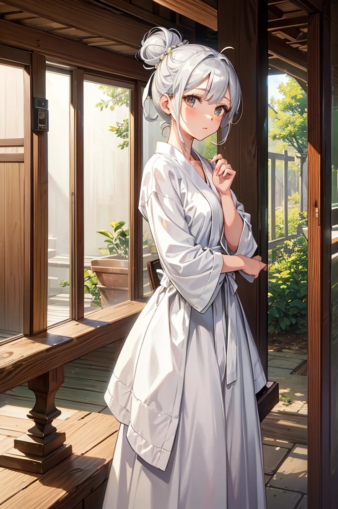 An image of Hana, with silver hair tied in a bun and wearing a simple but elegant robe, standing and proposing to cut down the tree and equally divide its wood and fruit, with the neighbors reacting. (masterpiece, hd, best quality, 2d)