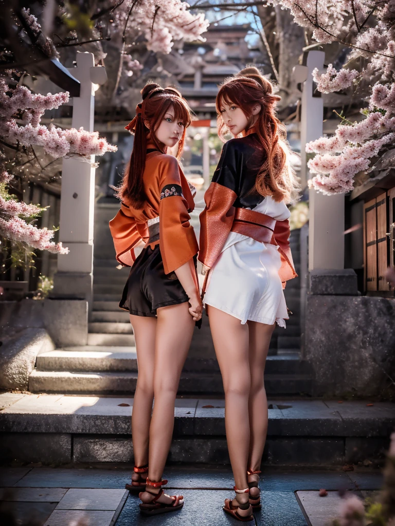 ((masterpiece,best quality)),2girls, black kimono, black legwear, black ribbon, black hair, cherry blossoms, day, flower, hair bun, hair ribbon, japanese clothes, kimono, long hair, looking at viewer, looking back , multiple girls, belts, outdoors, red eyes, red hair, ribbon, sandals, single bun, stairs, standing, statue, torii, tree, white kimono, yellow eyes