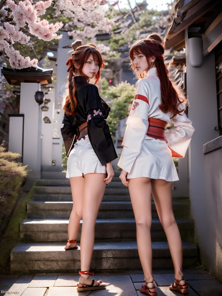 ((masterpiece,best quality)),2girls, black kimono, black legwear, black ribbon, black hair, cherry blossoms, day, flower, hair bun, hair ribbon, japanese clothes, kimono, long hair, looking at viewer, looking back , multiple girls, belts, outdoors, red eyes, red hair, ribbon, sandals, single bun, stairs, standing, statue, torii, tree, white kimono, yellow eyes