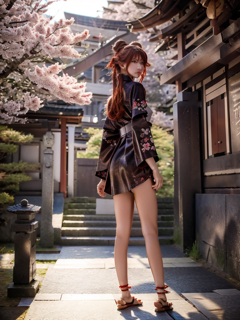 ((masterpiece,best quality)),2girls, black kimono, black legwear, black ribbon, black hair, cherry blossoms, day, flower, hair bun, hair ribbon, japanese clothes, kimono, long hair, looking at viewer, looking back , multiple girls, belts, outdoors, red eyes, red hair, ribbon, sandals, single bun, stairs, standing, statue, torii, tree, white kimono, yellow eyes