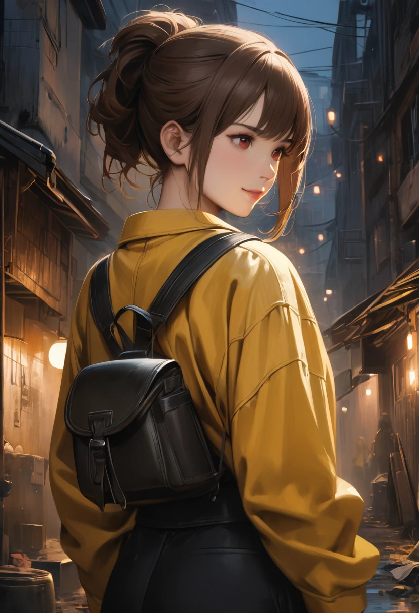 ((adult)), (woman), ((tall)), masterpiece, best quality, dark aura, brown hair, ((updo hair)), (messy hair) ,dark red eyes, plain white shirt, Yellow coat, black pants, carring a waist backpack, (faint smile), realistic anime style, (oil painting), slums background, night.