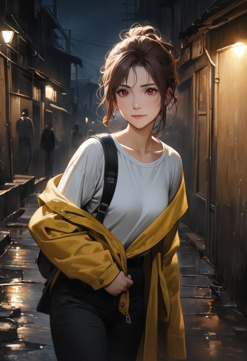 ((adult)), (woman), ((tall)), masterpiece, best quality, dark aura, brown hair, ((updo hair)), (messy hair) ,dark red eyes, plain white shirt, Yellow coat, black pants, carring a waist backpack, (faint smile), realistic anime style, (oil painting), slums background, night.