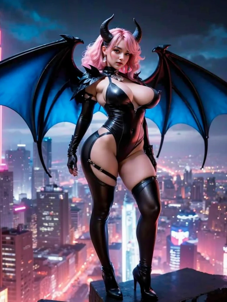 ((Best Quality, 8K, Masterpiece:1.3)), (Large Breasts:1.3), (Huge Breasts:1.3), Reality, (detailed:1.4) A woman with black clothes posing at the roof top, two horny, black horns, wings, black hand cuff, red wings, standing, cleavage, long hair, wavy hair, pink hair, detailed hair, beautiful woman, a woman with eyes shadow and double eyelids, detailed face, perfect body, nice thigh, thick thigh, nice booty, perfect butt, 1girl, beauty earing, beautiful alluring woman, maya fey from ace attorney, seductive girl, beautiful alluring girl , attractive girl, UHD, Ultra Realistic, extremely detailed, tfft, curvy, Body, Chubby, 12, Belly, mature female, wedding dress