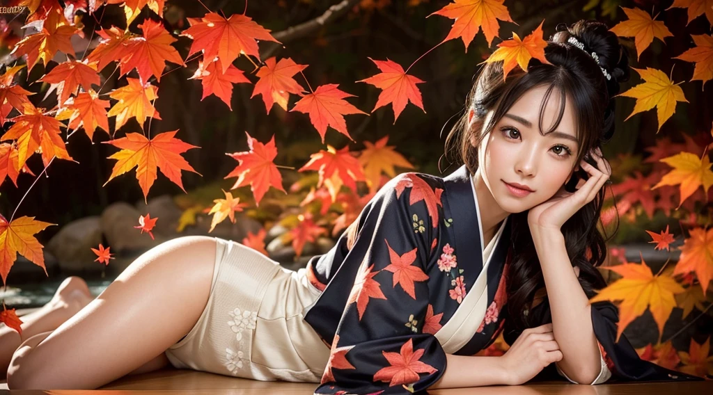 (Photorealistic:1.4), (Top image quality:1.0), (超High resolution:1.0), 8K, Raw photography, (masterpiece:0.2), (Purelos Face_v1:0.5)、(最高quality Detail:1.2)、Realisticな、8K UHD、High resolution、(One Girl:1.2)、超detailedな、High quality textures、Intricate details、detailed、非常にdetailedなCG、High quality shadows、Beautiful and perfect face、detailed 美しく繊細な目、Depth of written boundary、Ray Tracing,One Girl, Japanese girl, cute, kimono、Floral scrunchie, Beautiful Skin, I see your beautiful legs、squat、Put your hands together gracefully,The land of Japan smiling faintly,Japanese garden,Luxurious Japanese-style room, (Row of maple trees:1.2), ((Autumn leaves landscape:1.3)), Sky Porn, Magic Hour, (Realistic:1.3), 細かくdetailedに, quality, (Tabletop:1.2), (Realistic:1.2), (最高quality), (Intricate details), dramatic, Ray Tracing, photograph, +roller
