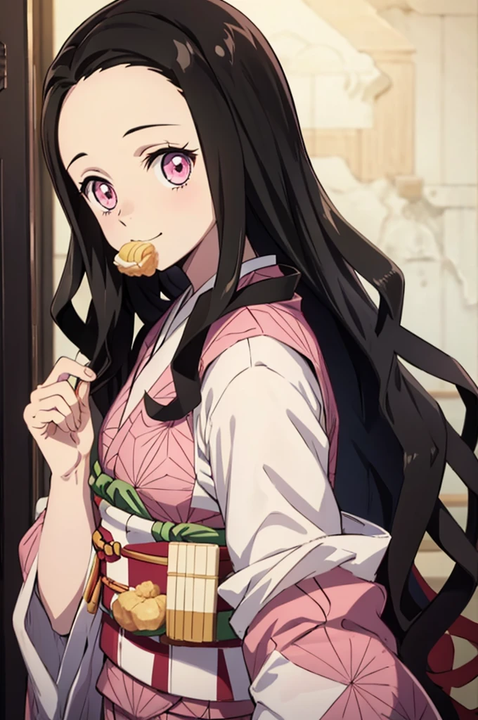 (masterpiece:1.3), (best quality:1.1), (8k, ultra detailed, ultra high res:1.2), ((anime style)), perfect 5 fingers, perfect anatomy, 
1girl,
Kamado Nezuko, 
BREAK long hair, wavy hair,  
black hair, 
pink eyes, empty eyes, 
ribbon, 
small breasts,   
BREAK japanese clothes, pink kimono, brown haori, obi, 
smile, 
looking at viewer, 
BREAK upper body, (eating cream puff:1.1), 
perfect light, indoor, inside, Japanese-style Room, 