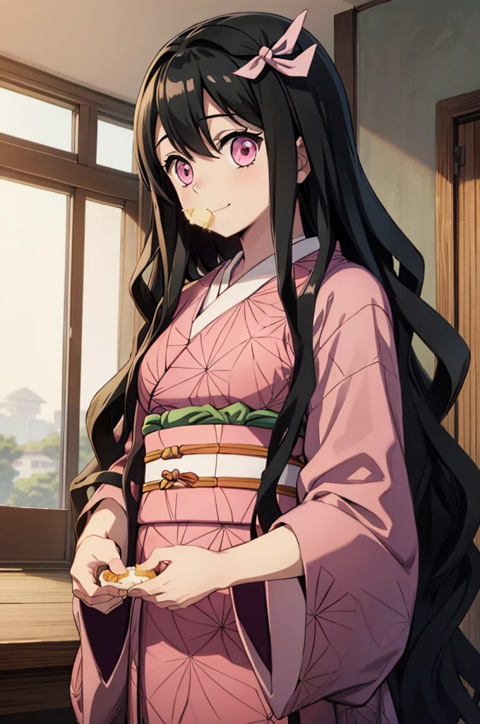 (masterpiece:1.3), (best quality:1.1), (8k, ultra detailed, ultra high res:1.2), ((anime style)), perfect 5 fingers, perfect ???????, 
1girl,
Kamado Nezuko, 
BREAK long hair, wavy hair,  
black hair, 
pink eyes, empty eyes, 
ribbon, 
small breasts,   
BREAK japanese clothes, pink kimono, brown haori, obi, 
smile, 
looking at viewer, 
BREAK upper body, (eating cream puff:1.1), 
perfect light, indoor, inside, Japanese-style Room, 