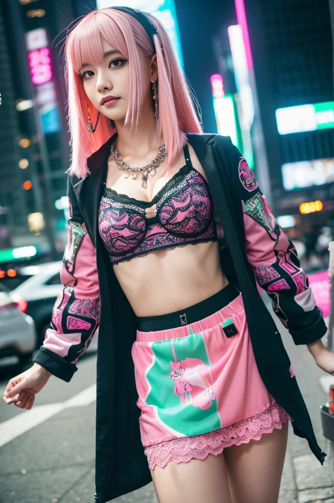 (panty shot :1.3),(Pink Hair :1.3),masterpiece, Highest quality, Wear unique Harajuku style clothing,The mint green colour stands out,Bold colors and patterns, Eye-catching accessories, Trendy and innovative hairstyles, Bright makeup, Stunning cyberpunk cityscapes, Skyscraper, Neon Signs, LED Light, Bright and vivid color scheme, anime, shape, Fine skin, High quality fabric, Intricate details, Very detailed,Low - Angle, whole body, vision(avert your eyes:1.4),Dynamic pose、Hand holding a sword、With a sword in hand.