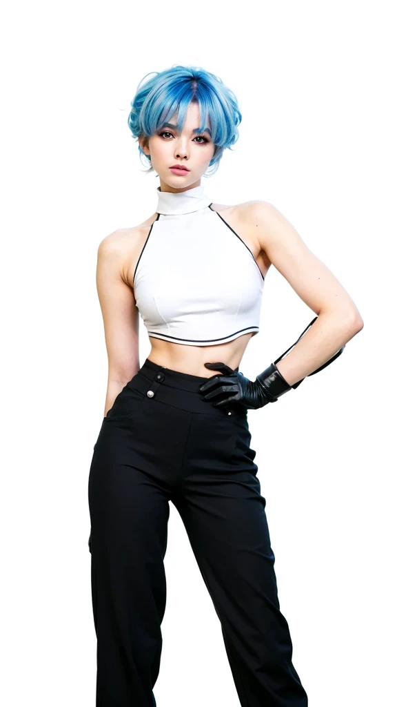 1 girl, short hair, pink red color hair, blue eyes color, white suit, black mini skirt, beautiful girl, cool girl, sexy girls, ultra detail, realistic, cosplayer, 80 mn lens 