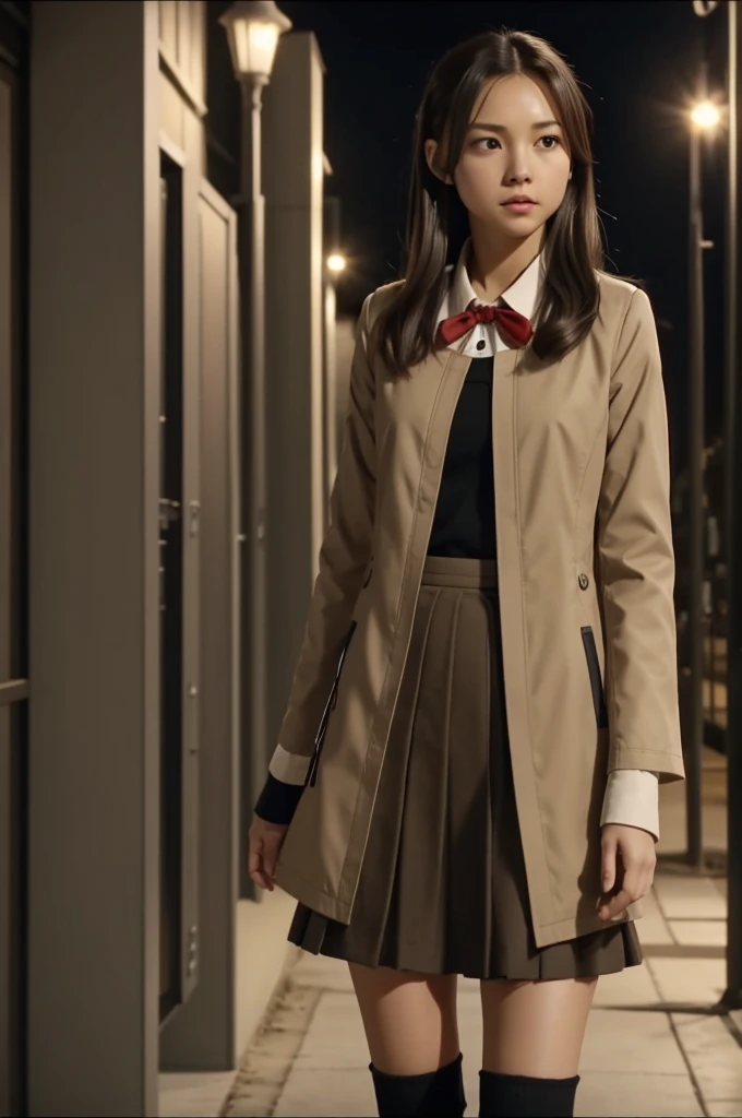 Haikyuu screencap of a female whit clear skin, brown eyes, waist length hair, Light brown hair. The night landscape. She is wearing a dark gray skirt, a white long sleeve shirt, top a beige coat, black knee-high stockings and a black half jacket with a red bow on the shirt. Studios seasons 1 screencap.