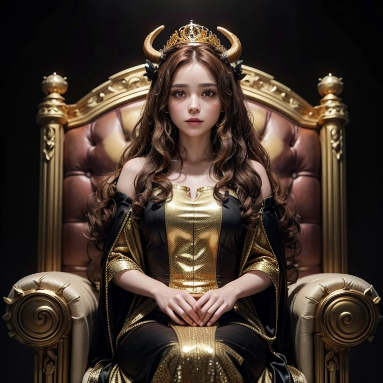 Woman, curly brown hair, golden long horns, black dress, holding a Crown, sitting on a throne