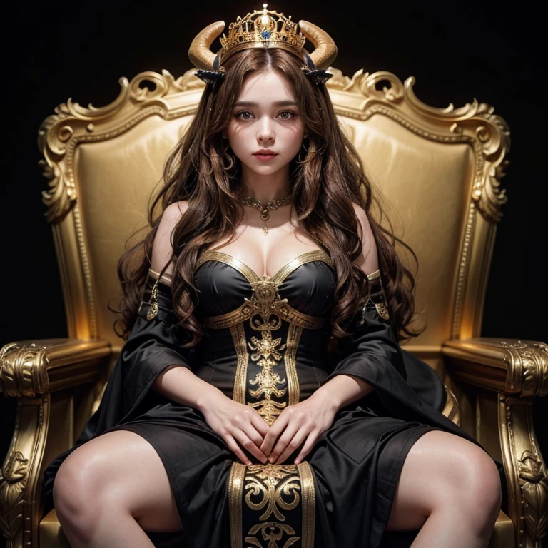 Woman, curly brown hair, golden long horns, black dress, holding a Crown, sitting on a throne