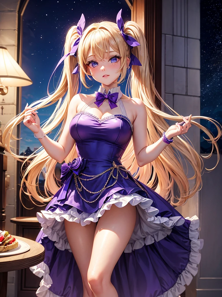 an adult woman, blonde with two pigtails with a purple bow each, purple dress with sparkles and diamonds, short and gala, with an opening in its pirrna, she has blue eyes, is at a late night dinner in a wealthy place 