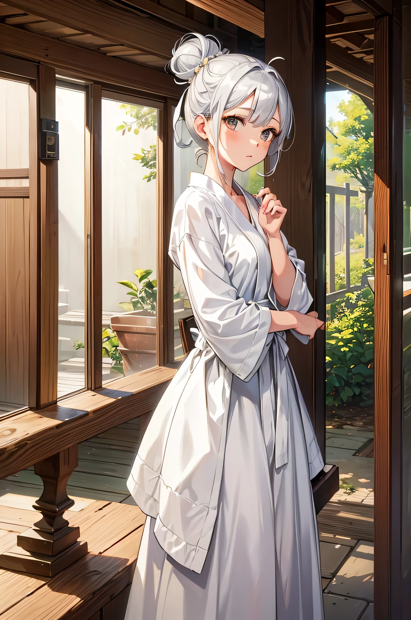 An image of Hana, with silver hair tied in a bun and wearing a simple but elegant robe, standing and proposing to cut down the tree and equally divide its wood and fruit, with the neighbors reacting. (masterpiece, hd, best quality, 2d)