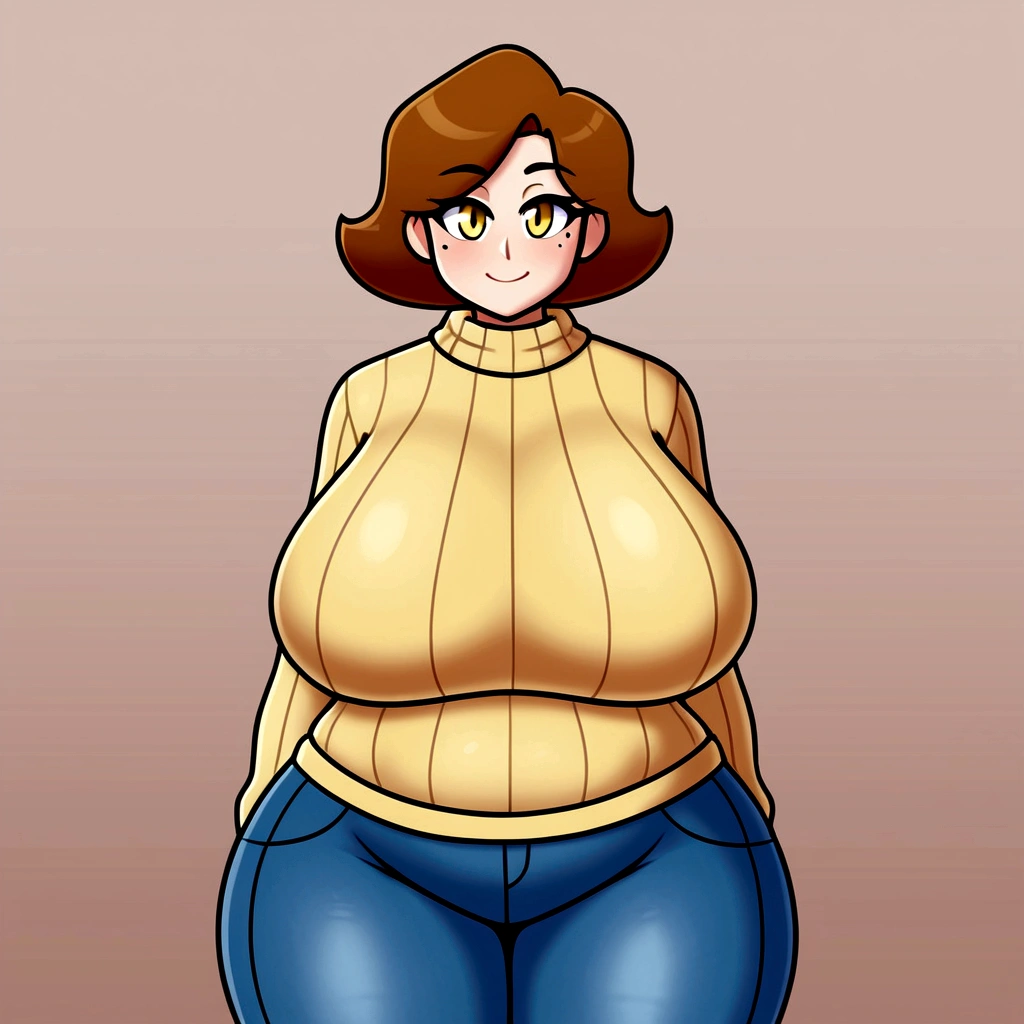 an adult woman, great construction, She has a robust and curvy build... your hips, stomach and bust are pronounced.., which gives you an hourglass figure, some wrinkles on the face.., short brown hair, yellow eyes, a mole on the cheek, closed smile, big breasts, Wide hips, wide stomach, thick thighs, huge beige sweater, blue wide jeans, full body view, alone, cream background, standing