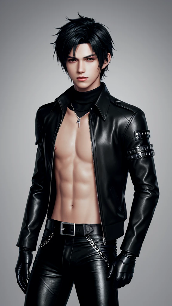 Final fantasy taste and reality graphics, Japanese young cute and cool ikemen  boy, his age is early 20s, thin eyebrows and beady eyes,  he wearing off black color leather thick singlebrest biker jacket, with epaulet,  must close the front of the leather jacket, jacket is biker style, jacket is voluminous, , jacket collar is high length stand-up collar with belts, jacket is a little black line pattern,close the front of the jacket, also wearing black thick turtleneck lackluster shirts,  tight black leather pants, shiny black leather tight and thin glove, black leather knee-high raceup boots,must views  head-to-toe,must views whole body, boy looks like fashion model,Do not show skin from the neck down,leather jacket leather glove and leather pants have few wrinkles,boy in the room,