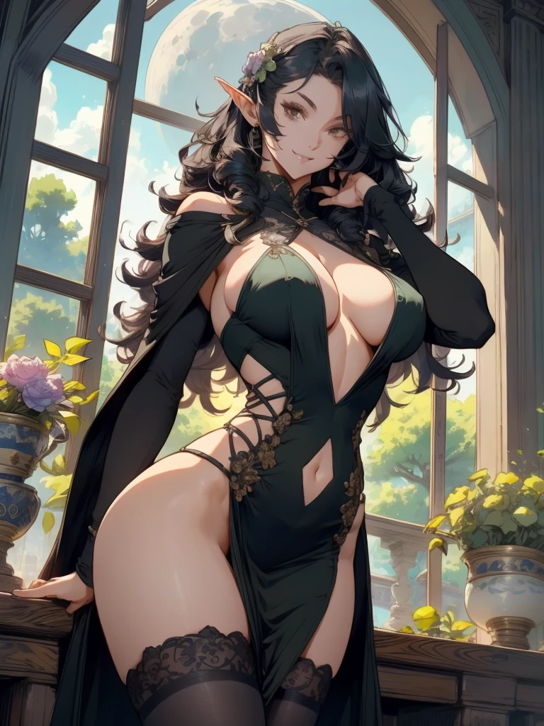 pointy ears, 1girl, , hair over one eye, large breastsw eyes, dress, cape, solo, cleavage, smillooking at viewer, hair ornament, pelvic curtain, covered navel, black hair, long hair, black dress, window, cloak, thighhighs, indoors, flower Beautiful anime goddess with long green hair, wearing a short dress, breasts, anime key loo, large breasts, intricate, hips, higailed, wide hips, breathtaking beauty, vibrant and sharp focus, illustration
